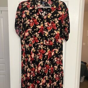 Chaps Black Floral Button-Front Dress with Pink and Red Blooms